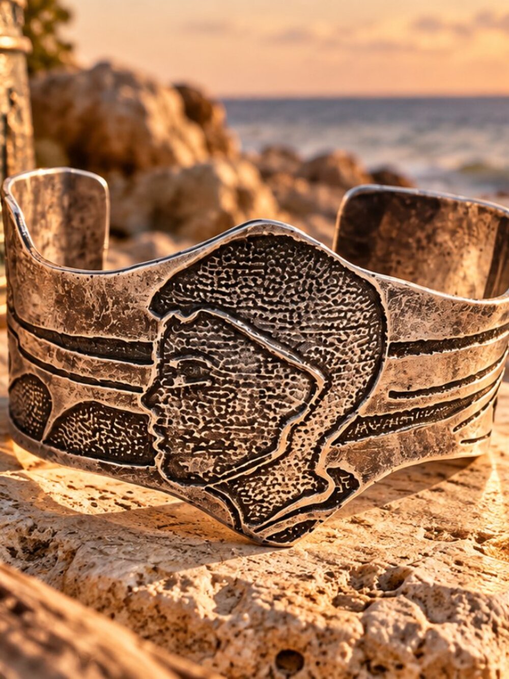Vintage Studio Artisan Sterling Silver Statement Cuff Bracelet - Profile Portrai